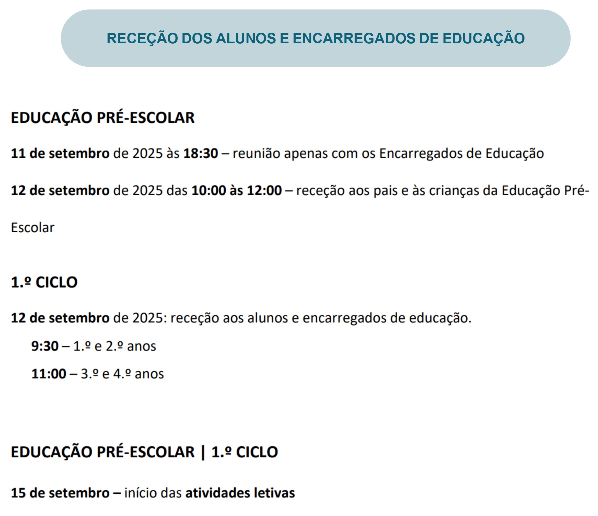 Receção dos Alunos e EE